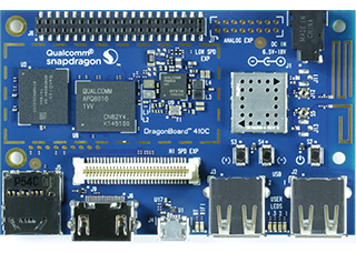 DragonBoard 410c showing Qualcomm application processor, WiFi and GPS antennas, and high and low speed expansion connectors