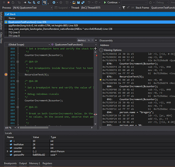Screenshot of Snapdragon Debugger for Visual Studio running in real time