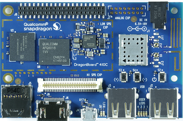 DragonBoard 410c showing Snapdragon 410 SoC, WiFi and GPS antennas, and high and low speed expansion connectors