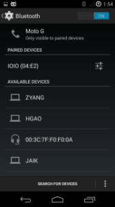 Screenshot showing device and IOIO board paired