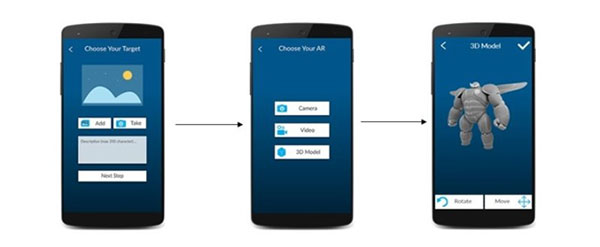 3 mobile phones with screen shot of AR platform 