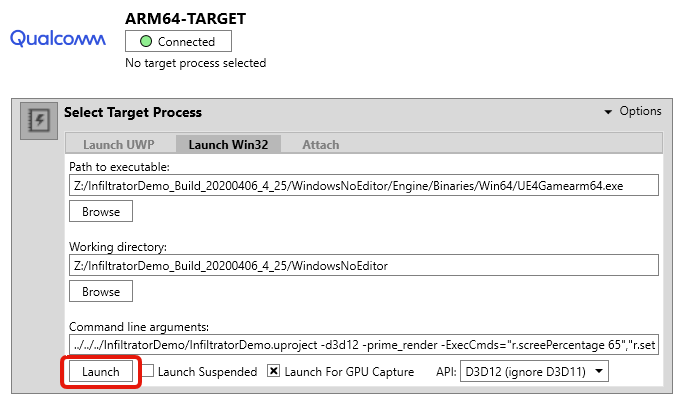 Launching for GPU capture on Arm64 target
