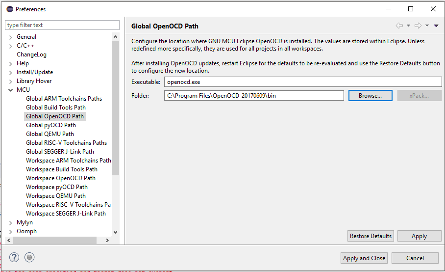 Setting openOCD path in the Eclipse IDE